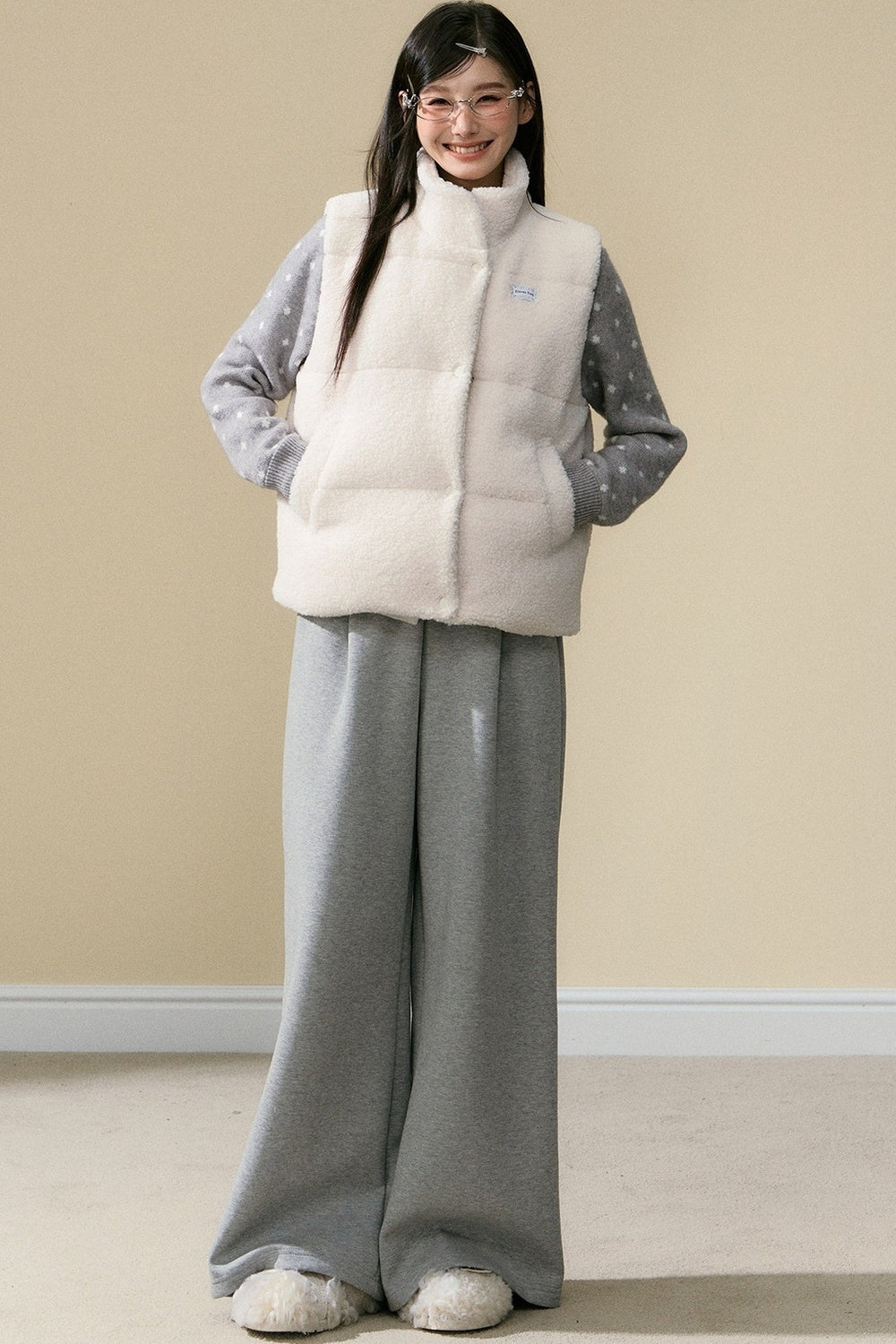 Plush Stand Collar Vest and Trousers Set-Up