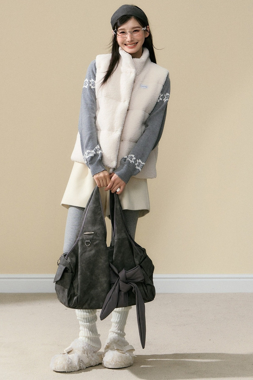 Plush Stand Collar Vest and Trousers Set-Up