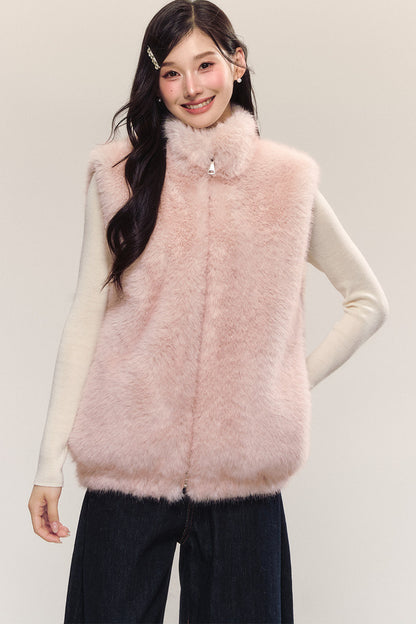 Reversible Sleeveless Pink Faux Fur Vest