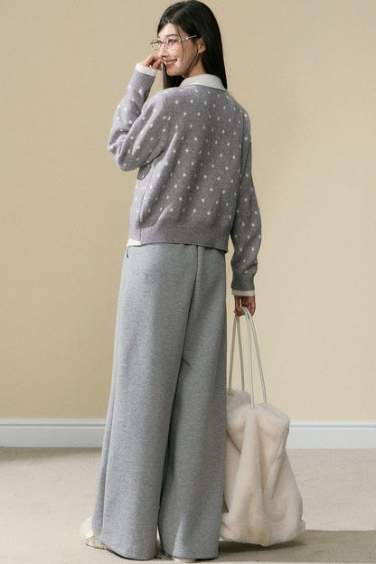 Polka Dot Knit Cardigan and Gray Trousers