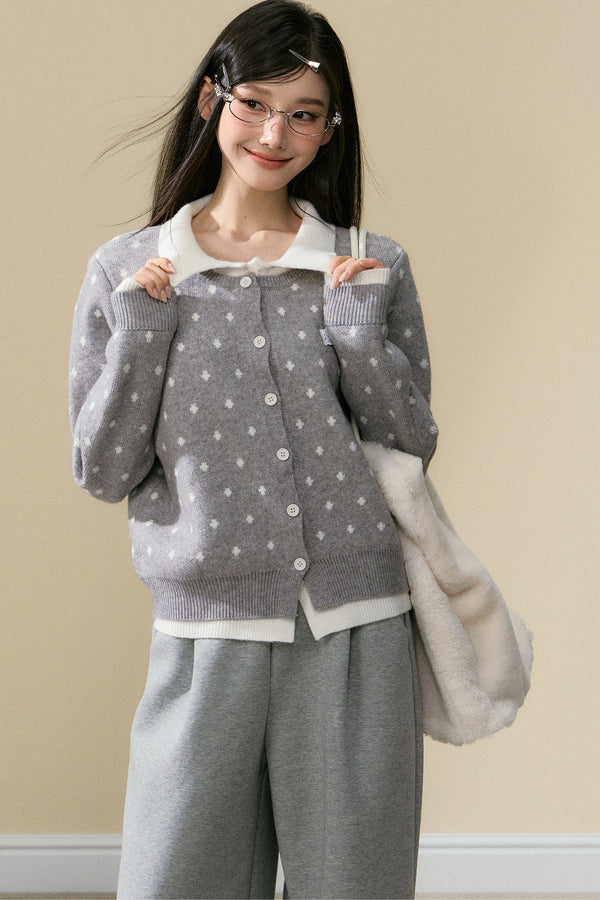 Polka Dot Knit Cardigan and Gray Trousers