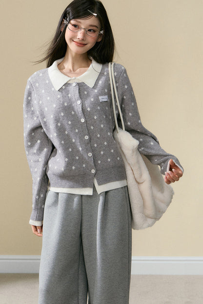 Polka Dot Knit Cardigan and Gray Trousers