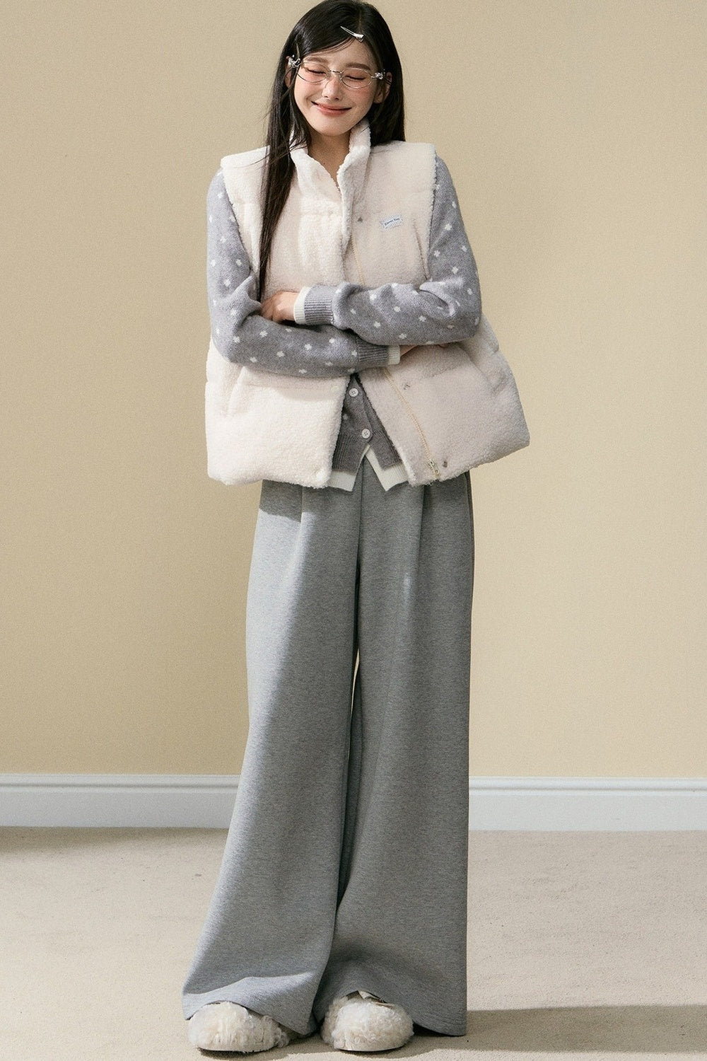 Polka Dot Knit Cardigan and Gray Trousers