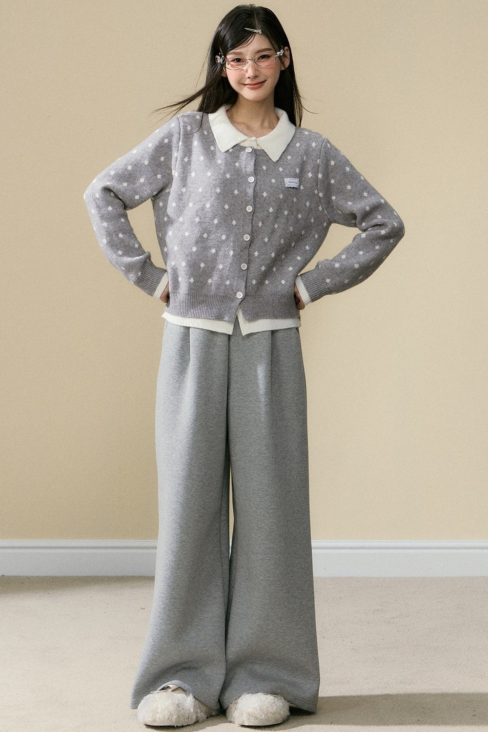 Polka Dot Knit Cardigan and Gray Trousers