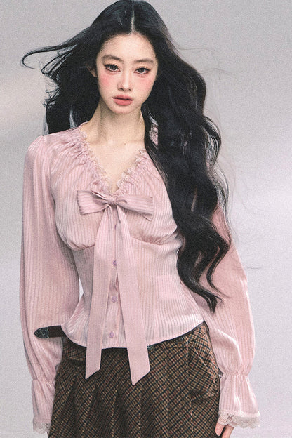 Lace Striped Autumn Blouse