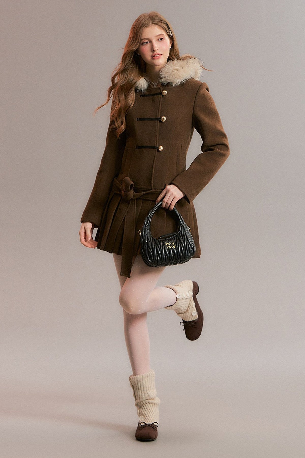 Brown Detachable Fur Collar Pleated Woolen Coat