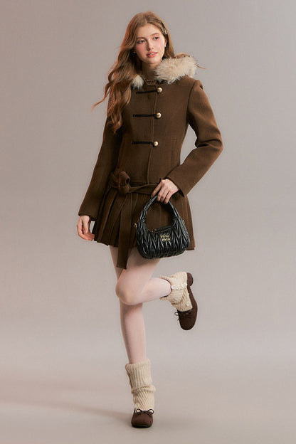 Brown Detachable Fur Collar Pleated Woolen Coat