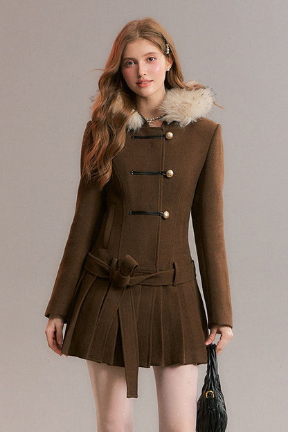Brown Detachable Fur Collar Pleated Woolen Coat
