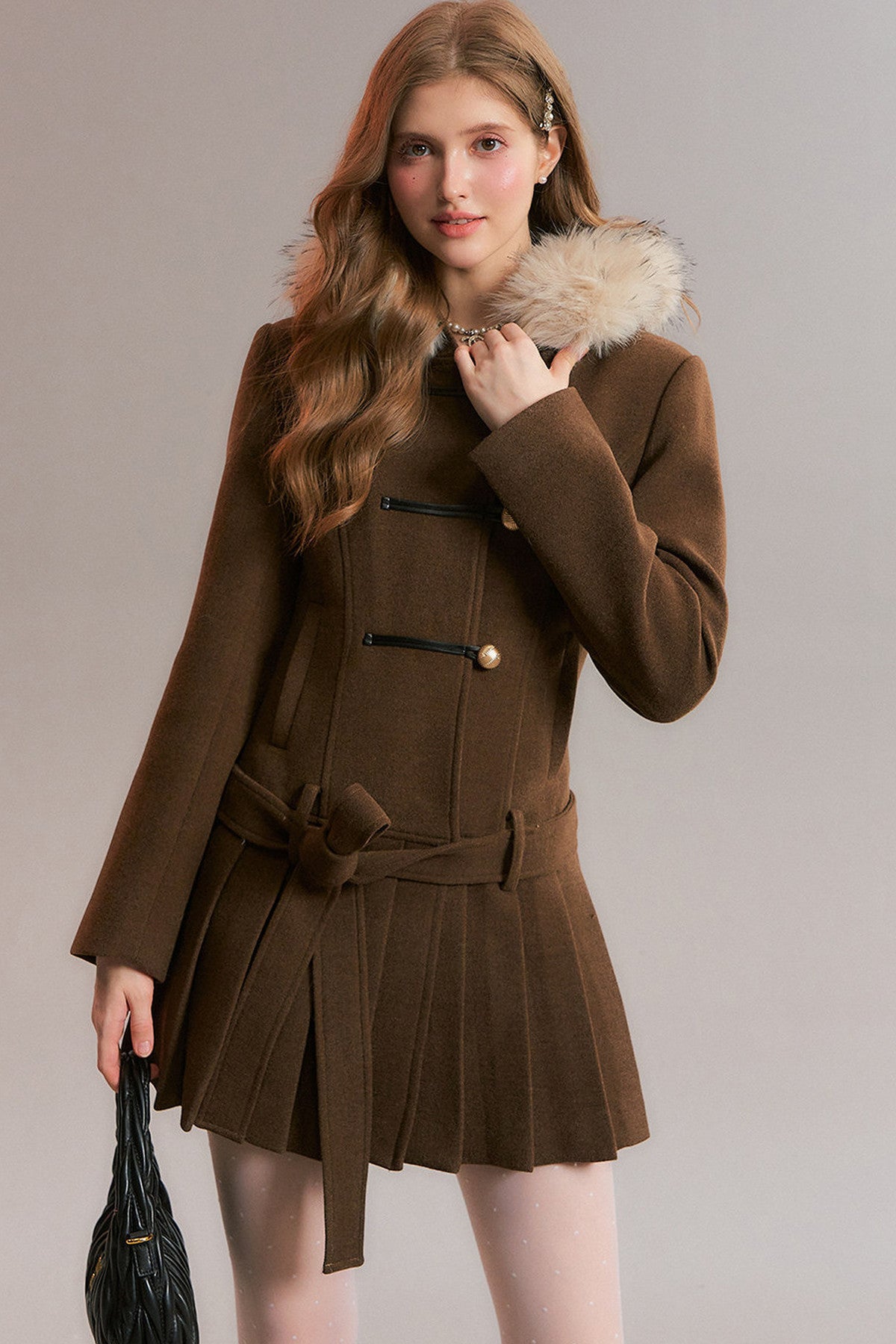 Brown Detachable Fur Collar Pleated Woolen Coat