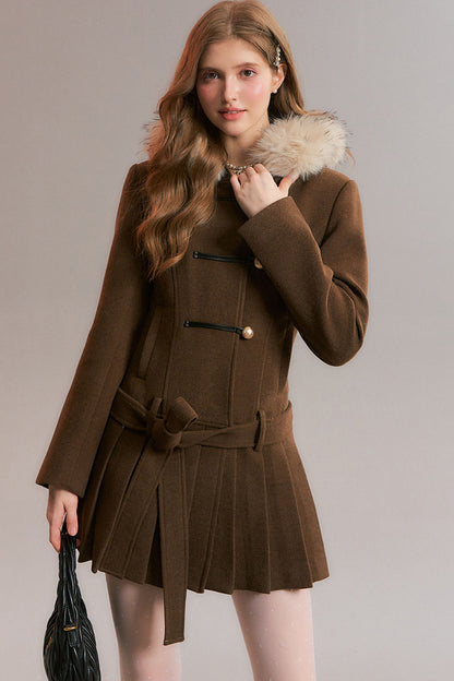 Brown Detachable Fur Collar Pleated Woolen Coat