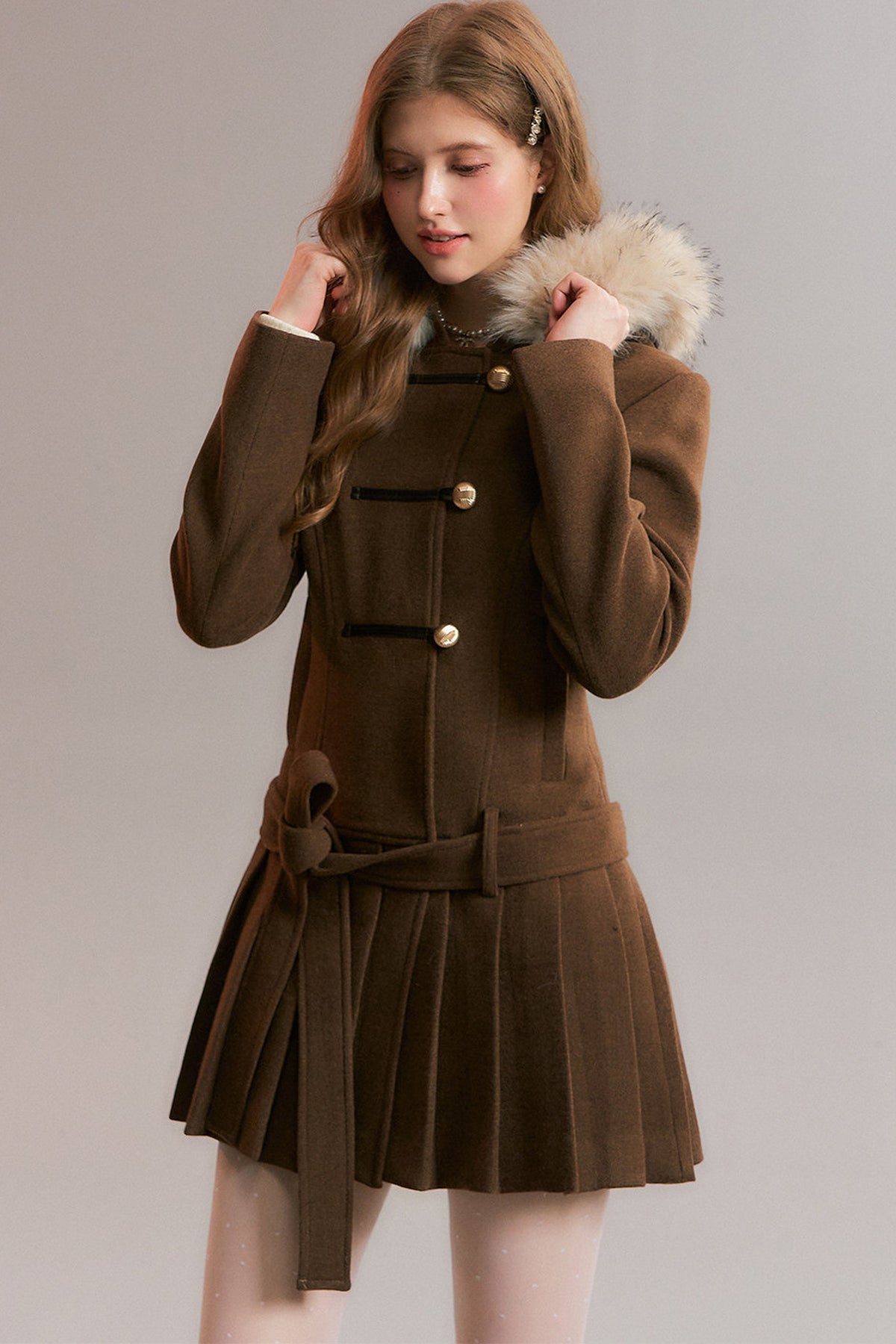 Brown Detachable Fur Collar Pleated Woolen Coat