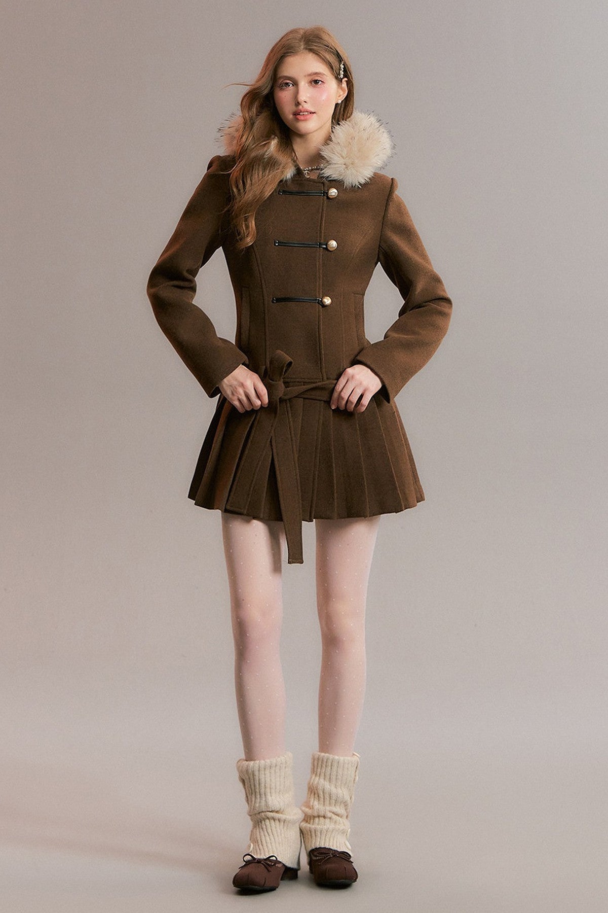 Brown Detachable Fur Collar Pleated Woolen Coat