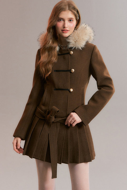 Brown Detachable Fur Collar Pleated Woolen Coat