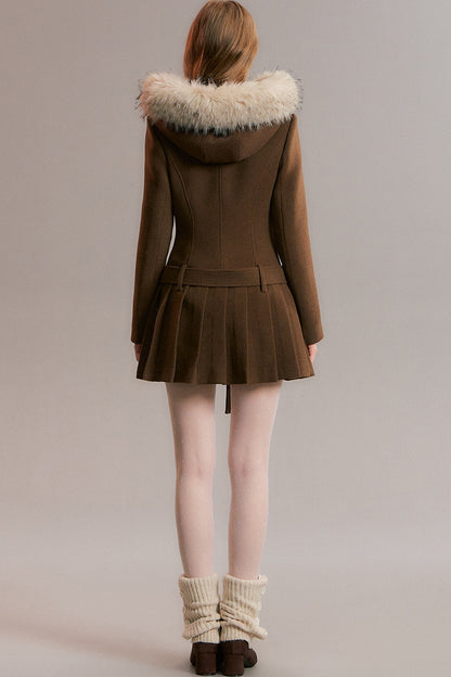 Brown Detachable Fur Collar Pleated Woolen Coat