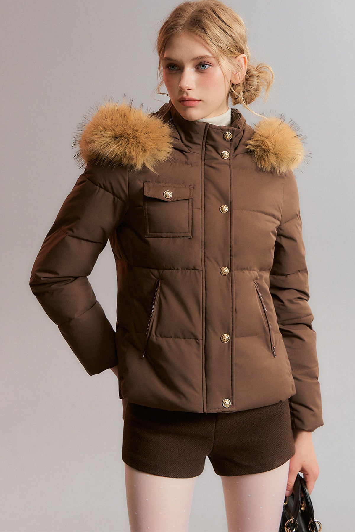 Detachable Fur Collar White Duck Down Hooded Jacket