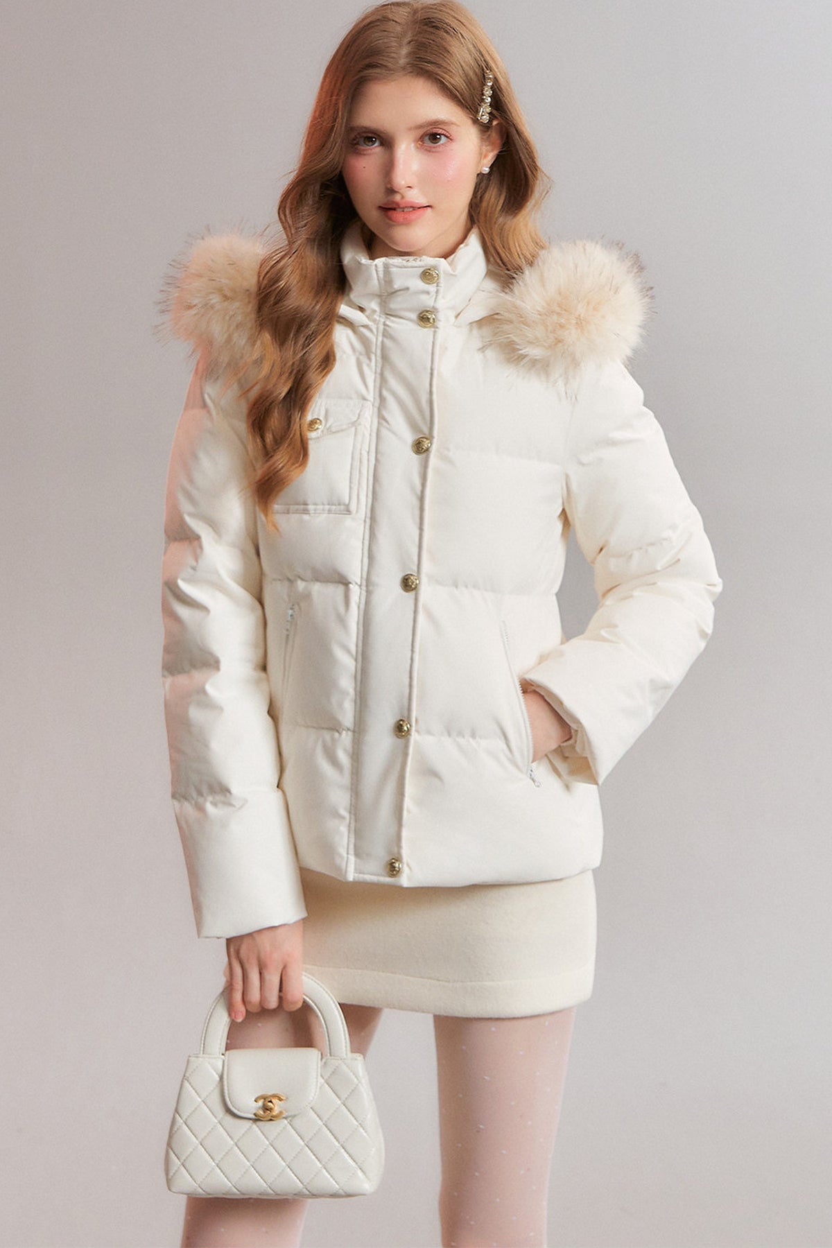 Detachable Fur Collar White Duck Down Hooded Jacket