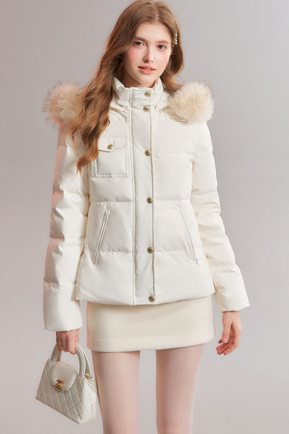 Detachable Fur Collar White Duck Down Hooded Jacket