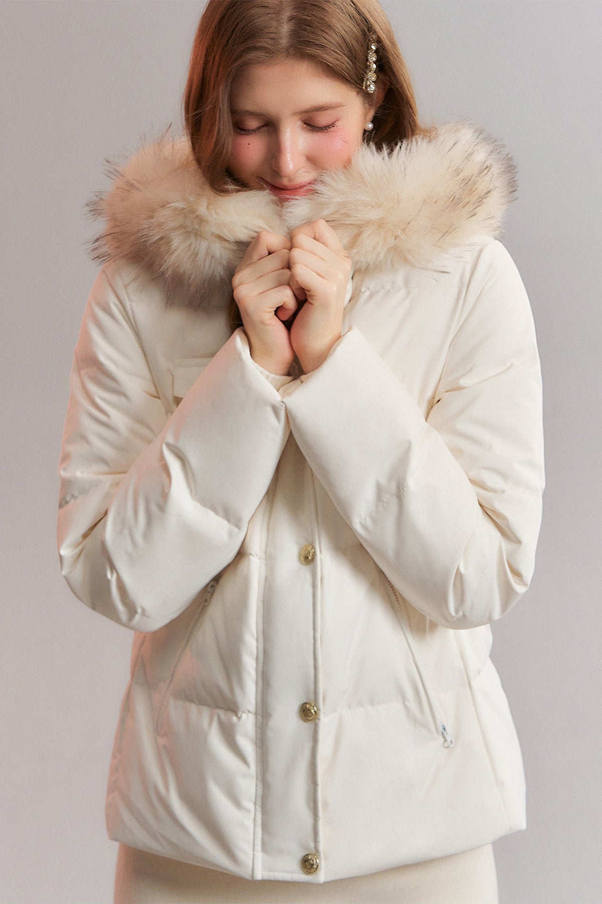 Detachable Fur Collar White Duck Down Hooded Jacket