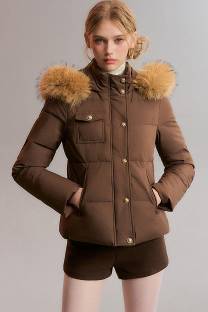 Detachable Fur Collar White Duck Down Hooded Jacket