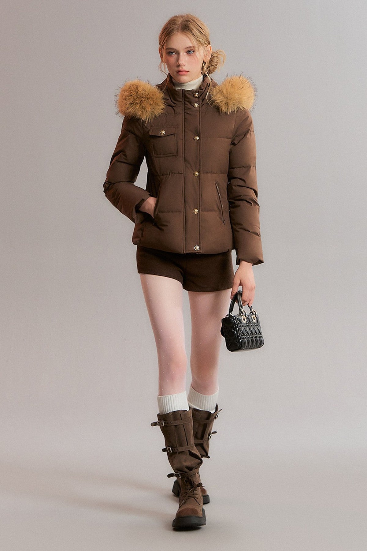 Detachable Fur Collar White Duck Down Hooded Jacket