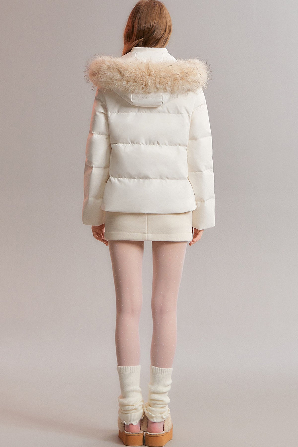 Detachable Fur Collar White Duck Down Hooded Jacket