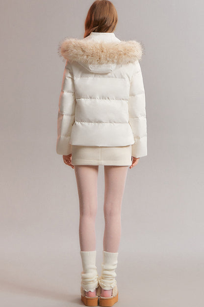 Detachable Fur Collar White Duck Down Hooded Jacket
