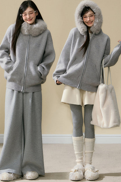 Gray Hooded Cardigan Jacket and Pants Set-Up
