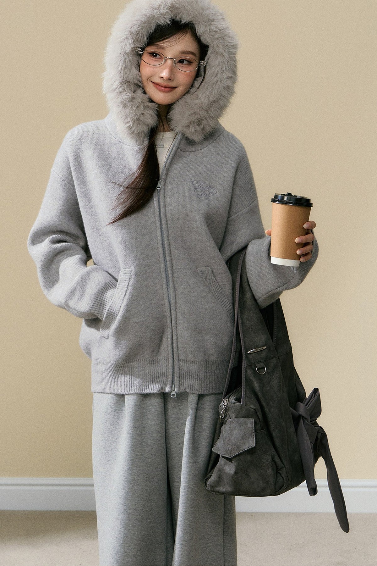 Gray Hooded Cardigan Jacket and Pants Set-Up