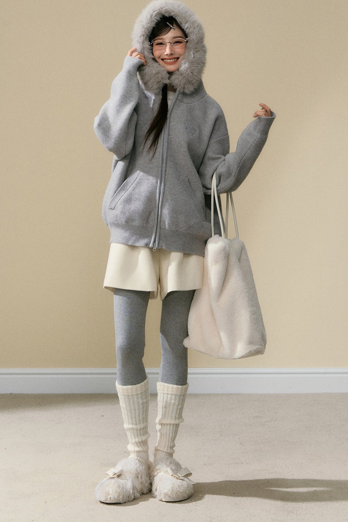 Gray Hooded Cardigan Jacket and Pants Set-Up