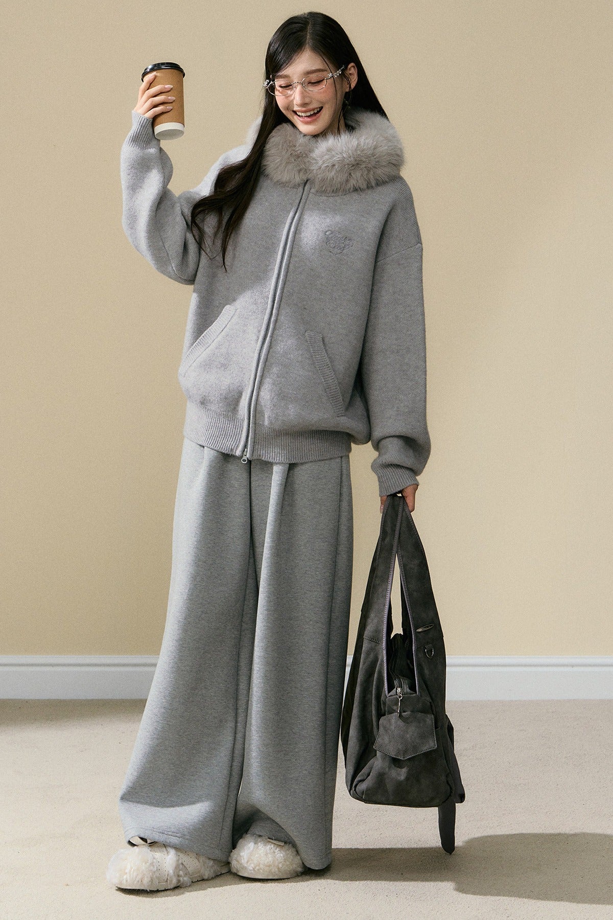 Gray Hooded Cardigan Jacket and Pants Set-Up