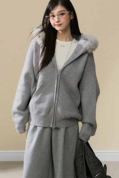 Gray Hooded Cardigan Jacket and Pants Set-Up
