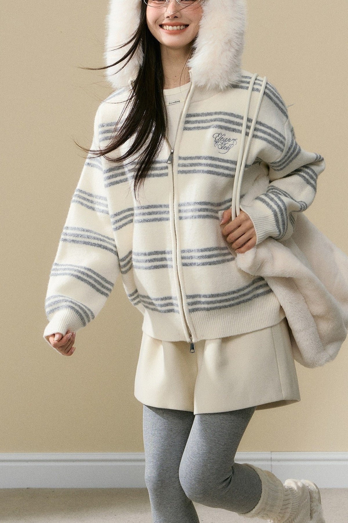 Gray Hooded Cardigan Jacket and Pants Set-Up