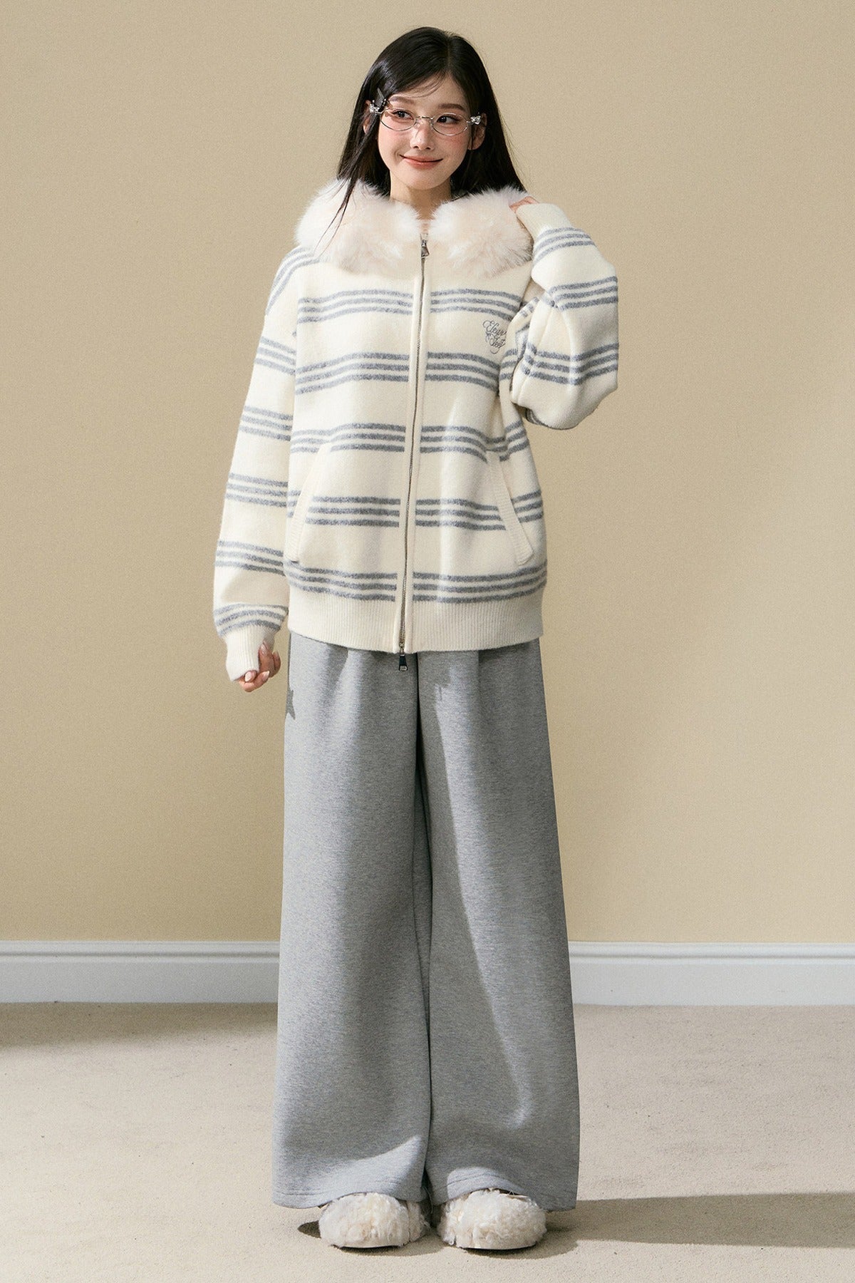 Gray Hooded Cardigan Jacket and Pants Set-Up