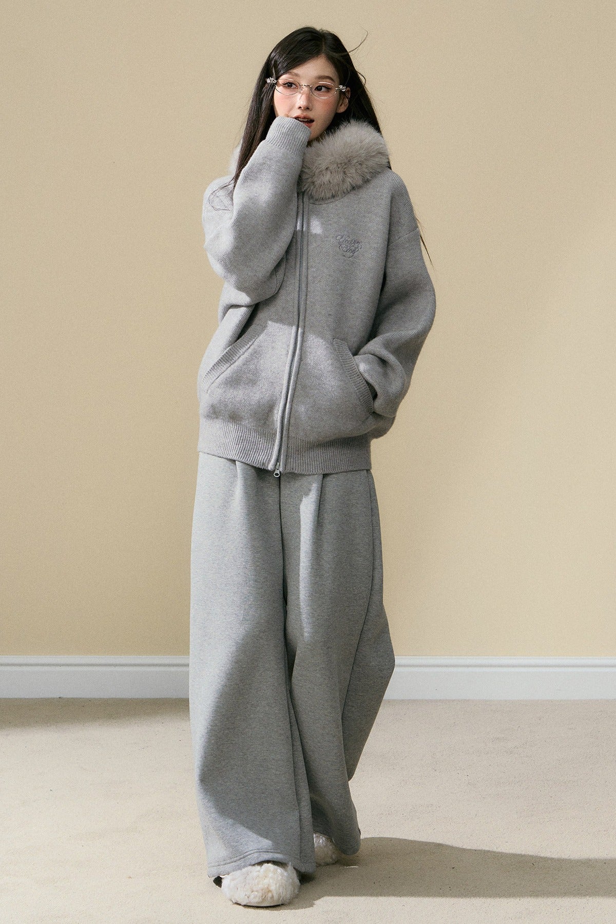 Gray Hooded Cardigan Jacket and Pants Set-Up