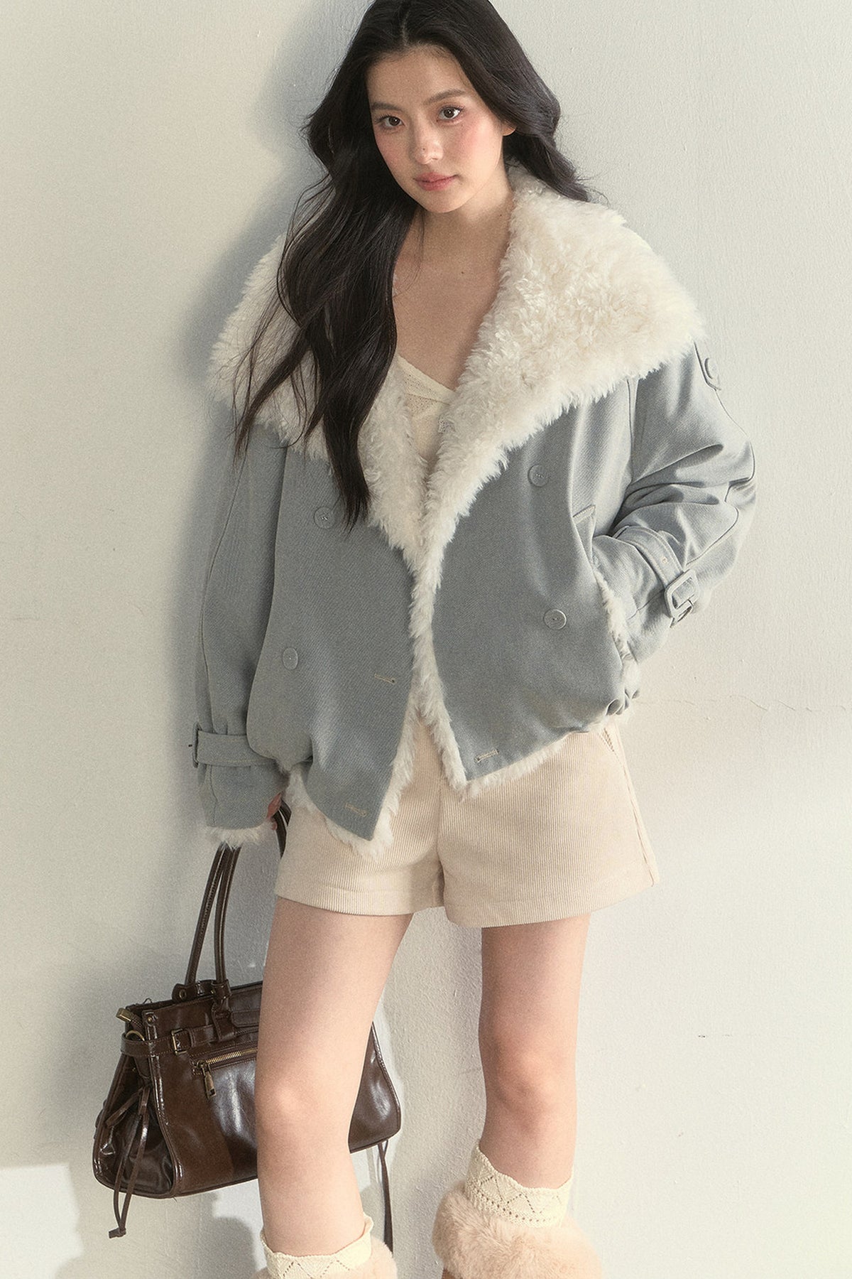 Chaqueta parka de borreguito sintético, mullida y cruzada