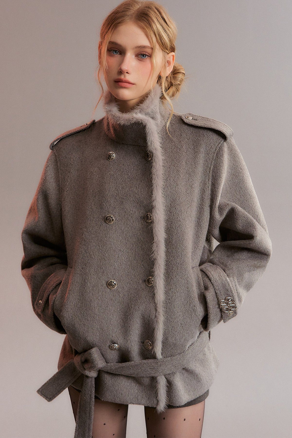 Gray Double-Breasted Woolen Jacket