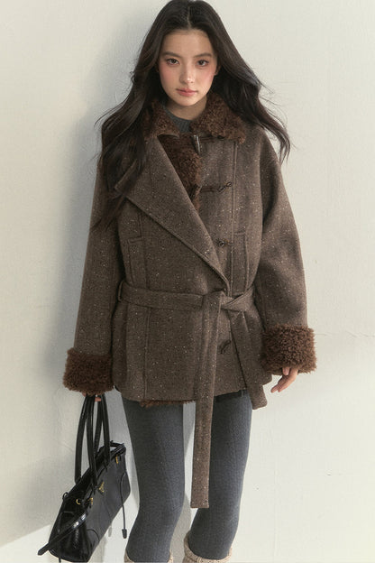 50% Wool Lapel Plush Patchwork Jacket