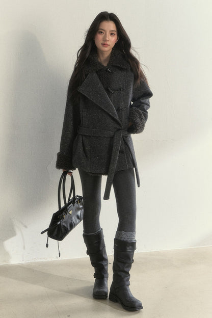 50% Wool Lapel Plush Patchwork Jacket
