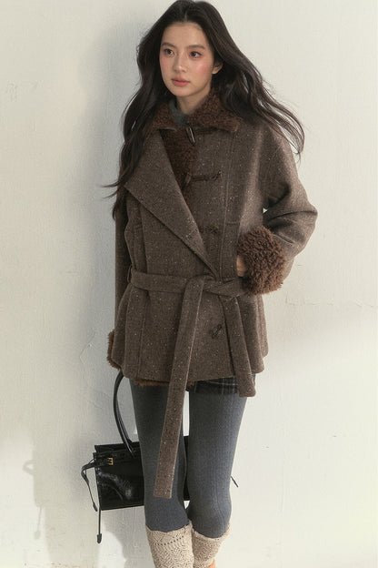 50% Wool Lapel Plush Patchwork Jacket