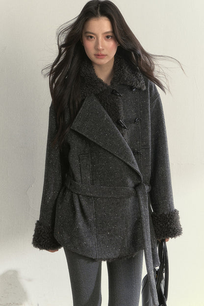 50% Wool Lapel Plush Patchwork Jacket