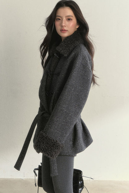 50% Wool Lapel Plush Patchwork Jacket