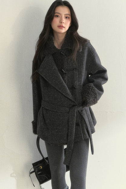 50% Wool Lapel Plush Patchwork Jacket