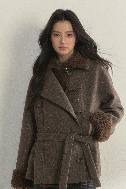 50% Wool Lapel Plush Patchwork Jacket