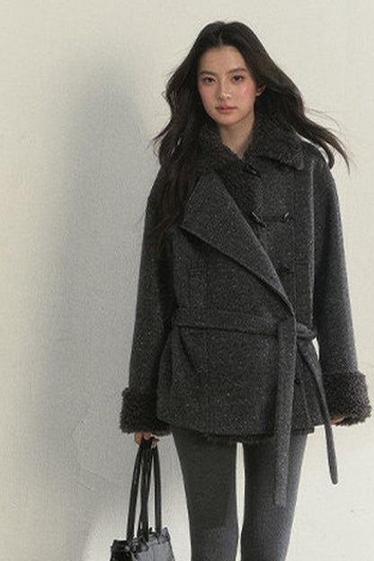 50% Wool Lapel Plush Patchwork Jacket