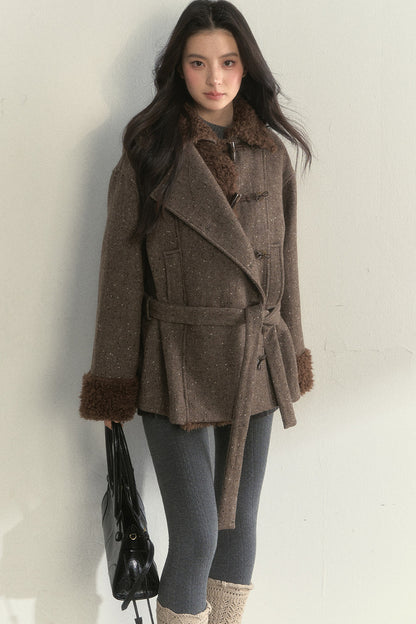 50% Wool Lapel Plush Patchwork Jacket