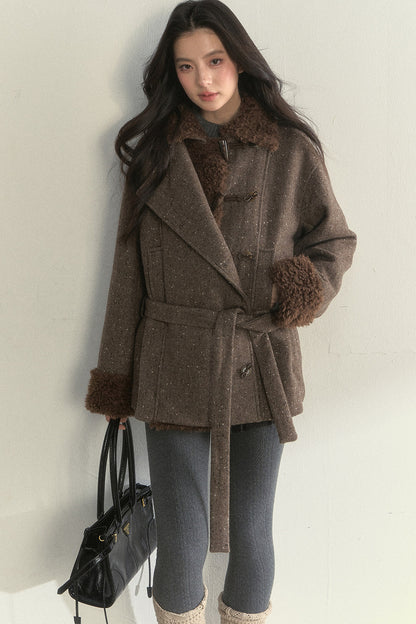 50% Wool Lapel Plush Patchwork Jacket