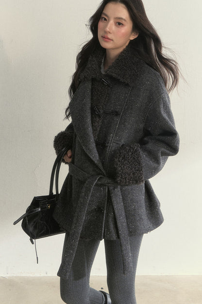 50% Wool Lapel Plush Patchwork Jacket