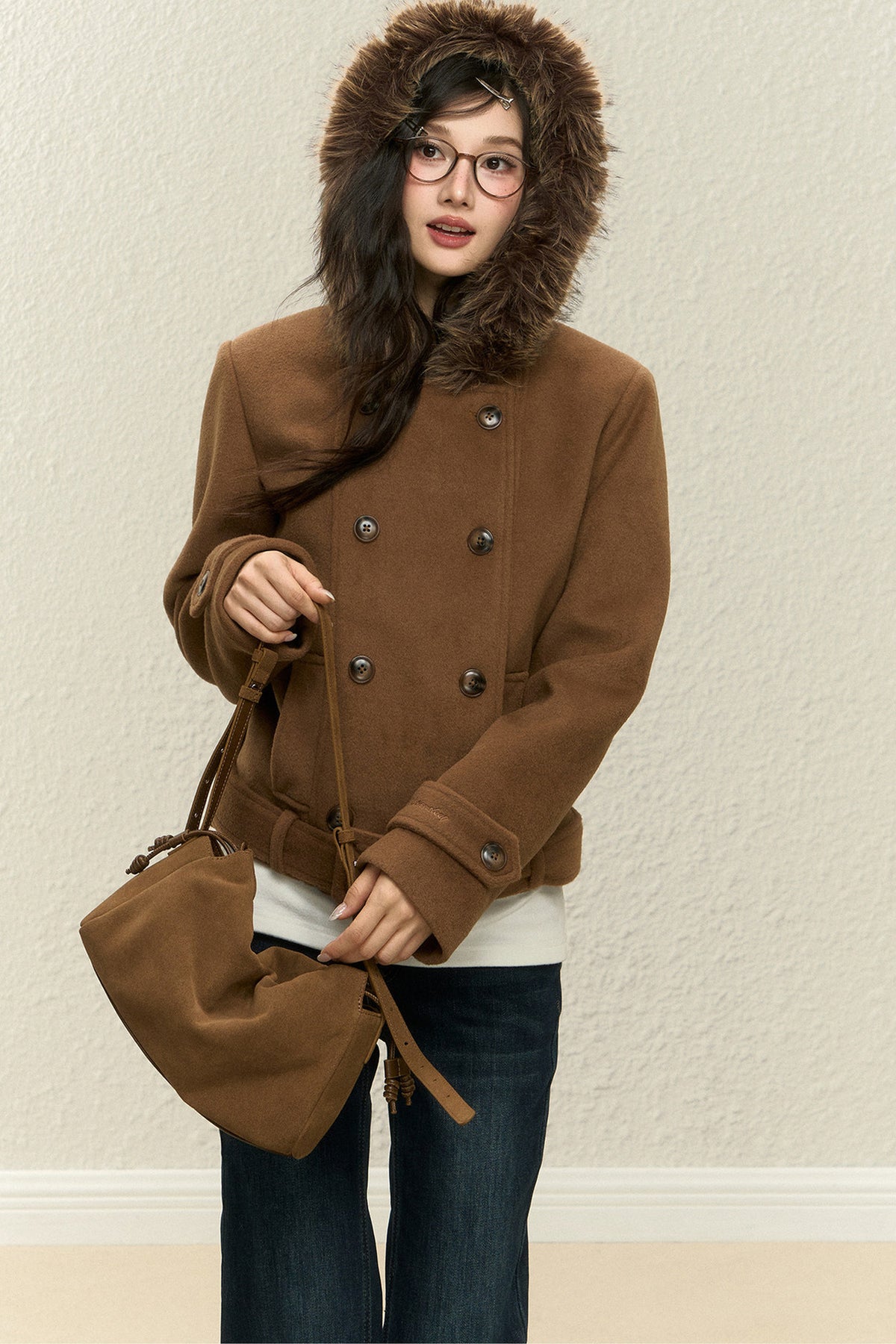 Brown Short Wool Coat and Pants Set-Up
