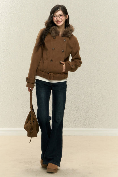 Brown Short Wool Coat and Pants Set-Up