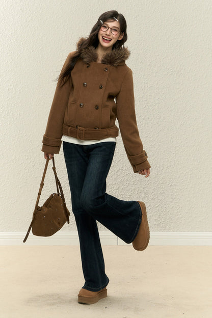 Brown Short Wool Coat and Pants Set-Up